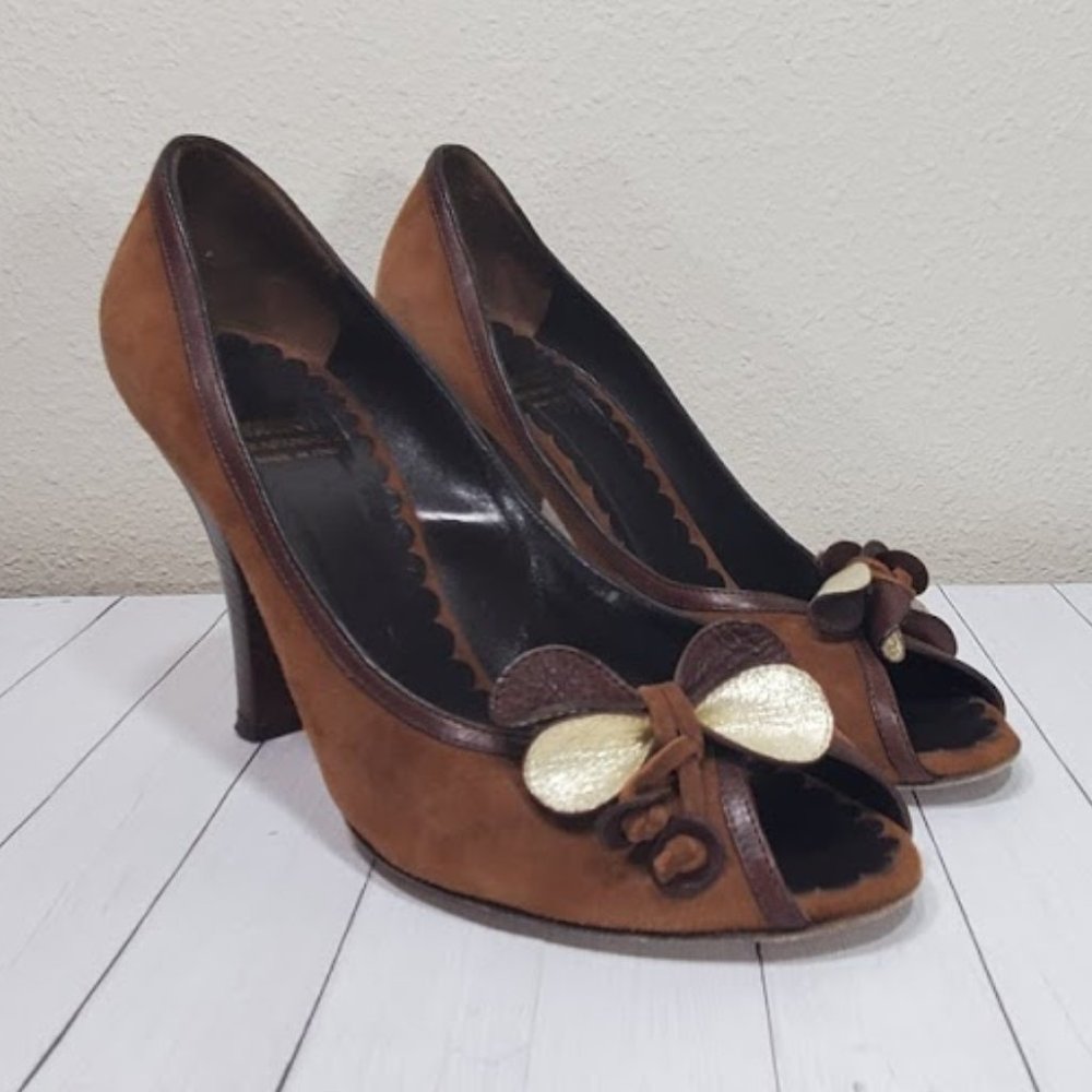 Vtg Moschino Cheap and Chic Suede Peep Bow Pumps - Picture 12 of 15